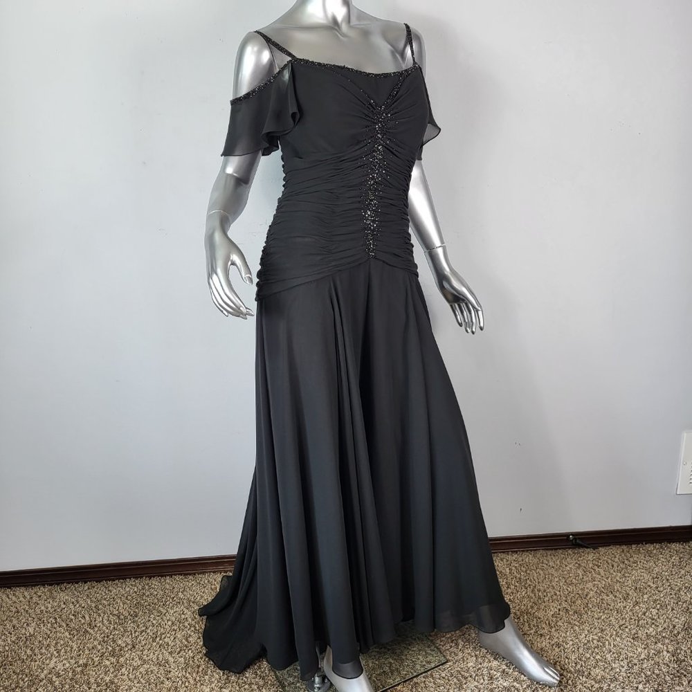 BLACK EMBELLISHED SEQUIN BEADED COLD SHOULDER PARTY PROM FORMAL EVENING DRESS